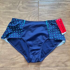 NWT Spanx Flirty Skirted Swim Bottom Size 8 Navy Splash Polka Dot Print 2680